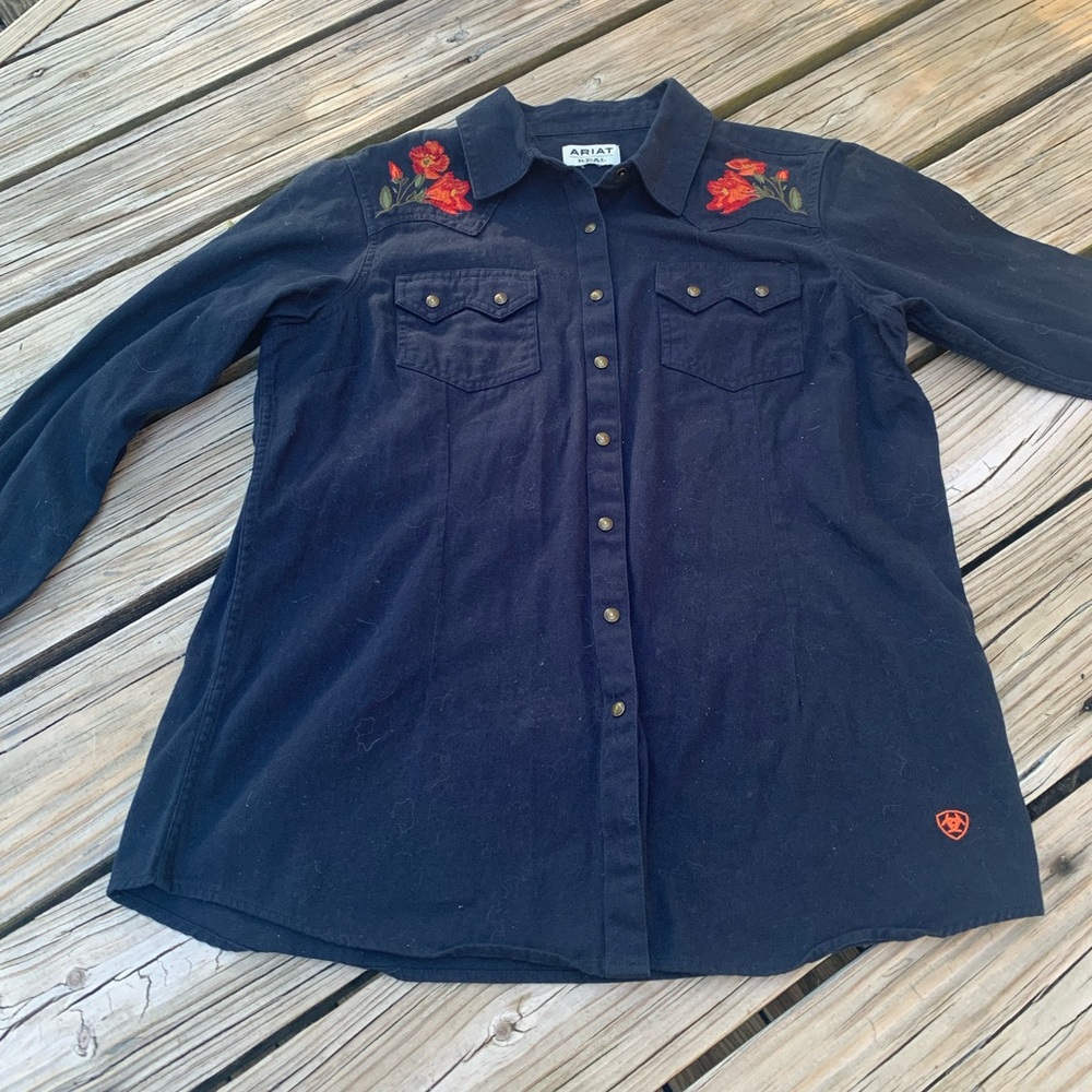 Arait western snap front shirt navy blue embroidered cowgirl western L cotton